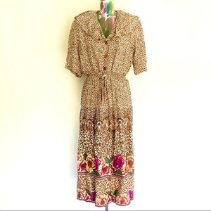 🐆VINTAGE 90’s Chaus Safari Leopard Floral Pleated Midi Dress